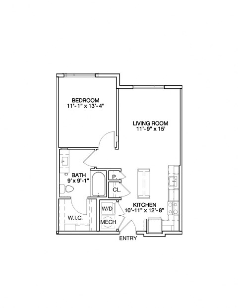 Floor plan for 1 bed, 1 bath, 702 sqft